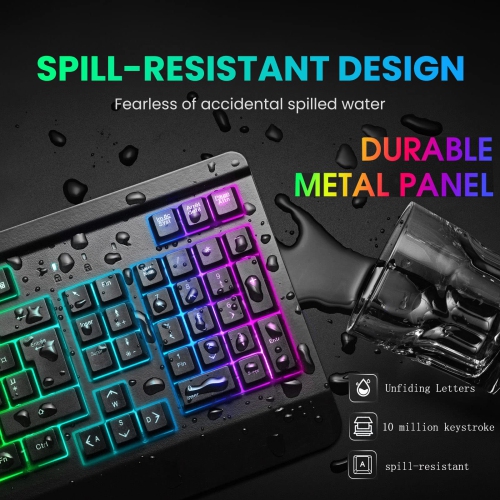 Gaming Keyboard, LED USB Rainbow Backlit Wired Keyboard with Metal Panel, Illuminated Keyboard with Ergonomic Wrist Rest, 19