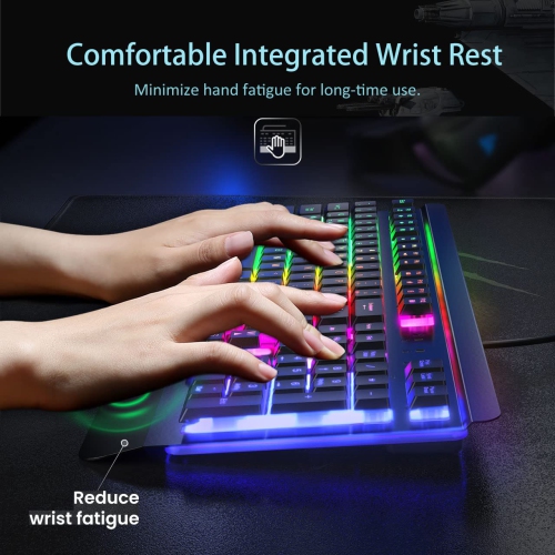 Gaming Keyboard, LED USB Rainbow Backlit Wired Keyboard with Metal Panel, Illuminated Keyboard with Ergonomic Wrist Rest, 19