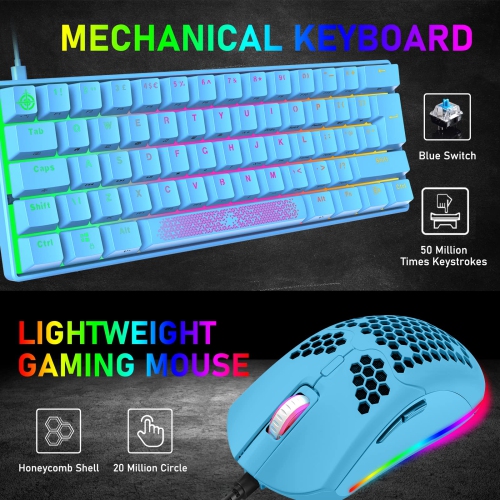 Clavier et souris de jeu mécanique Mini RGB avec 62Key modèles compacts rétroéclairage arc-en-ciel anti-effet fantôme 6400DPI Honeycomb Souris type-C