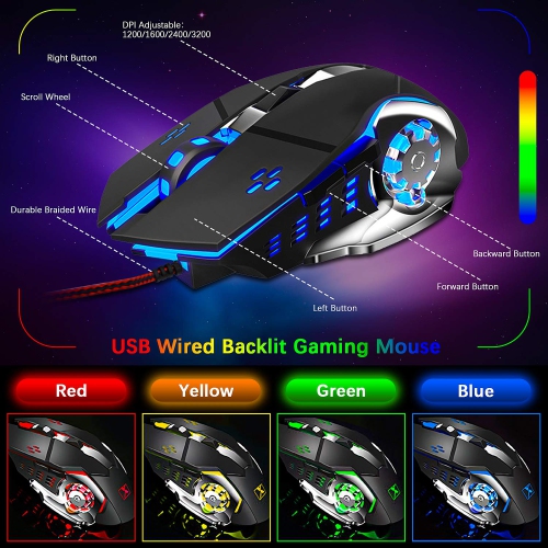 Ensembles de clavier de jeu K13 souris de jeu USB filaire 104 touches rétroéclairage DEL arc-en-ciel clavier de jeu ergonomique + 2400 ppp 4 boutons