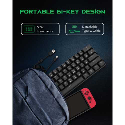 Black Shark Mini 60% Mechanical Gaming Keyboard, RGB Backlit Compact 61 Keys Wired Keyboard with Blue Switches, Fully Progra