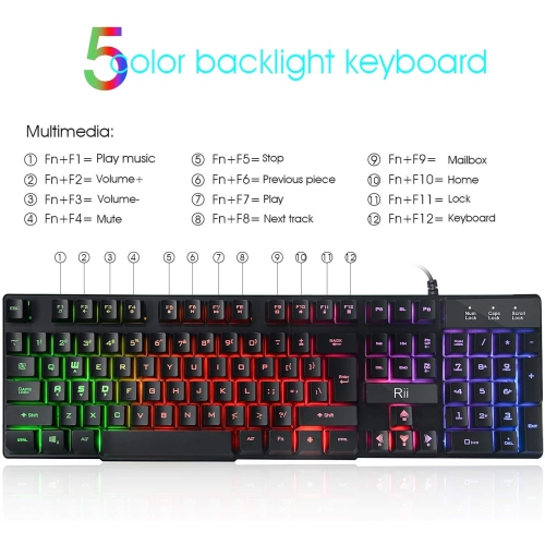 Rii RGB Wired Gaming Keyboard,Rainbow Mixed Backlit Keyboard for PC,Laptop, Gaming,Home Office