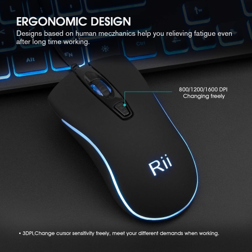 Rii RGB Keyboard and Mouse RK105, Wired Keyboard and Mouse Combo, USB Keyboard and Mouse Set,Quiet Input Gaming Keyboard,Opt