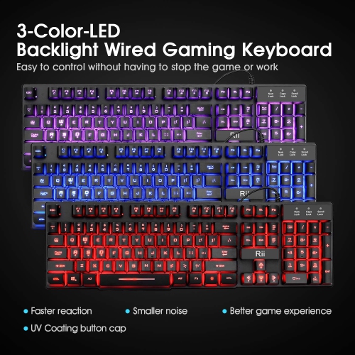 Rii Primer Gaming Keyboard Mouse Combo,3-Color LED Backlit Keyboard,Gaming Keyboard and Mouse Combo,USB Wired Keyboard,Optic