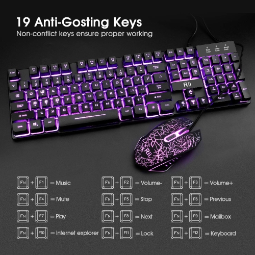 Rii Primer Gaming Keyboard Mouse Combo,3-Color LED Backlit Keyboard,Gaming Keyboard and Mouse Combo,USB Wired Keyboard,Optic