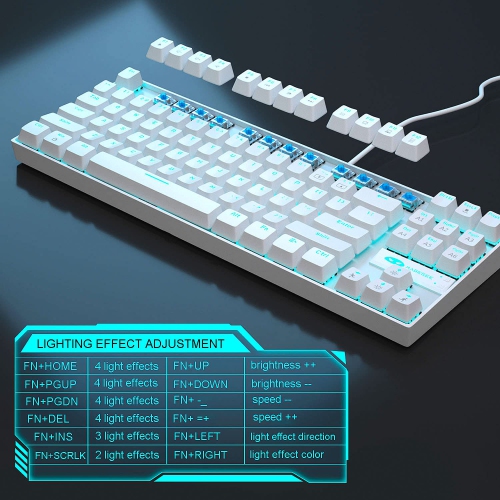 Clavier de jeu mécanique blanc, clavier rétroéclairé DEL compact 87 touches TKL avec fil et commutateurs bleus pour ordinateur de jeu de portable