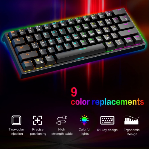 60% Mechanical Gaming Keyboard - 61 Keys USB Ergonomic Keyboard with 9 Colors RGB Adjustable Backlights Compatible with All