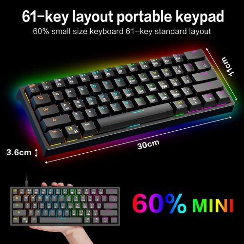 60% Mechanical Gaming Keyboard - 61 Keys USB Ergonomic Keyboard with 9 Colors RGB Adjustable Backlights Compatible with All