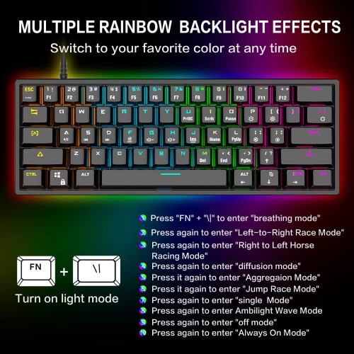 60% Mechanical Gaming Keyboard - 61 Keys USB Ergonomic Keyboard with 9 Colors RGB Adjustable Backlights Compatible with All