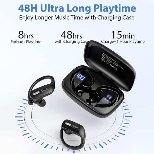 Wireless Earbuds occiam Bluetooth Headphones 48H Play Back Earphones in Ear Waterproof with Microphone LED Display for Sport