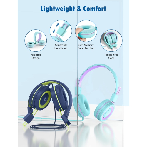 VotYoung Kids Headphones with Mic, Lightweight On Ear Headset with 91dB Volume Limit & Share Splitter for Kids Girls Boys, H