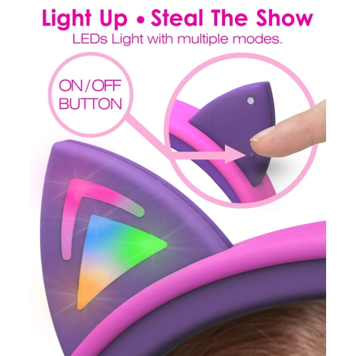 FosPower Kids Headphones with LED Light Up Cat Ears 3.5mm On Ear Audio Headphones for Kids with Laced Tangle Free Cable (Max