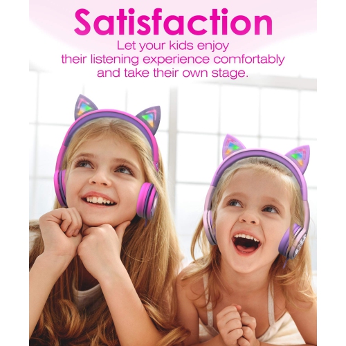 FosPower Kids Headphones with LED Light Up Cat Ears 3.5mm On Ear Audio Headphones for Kids with Laced Tangle Free Cable (Max