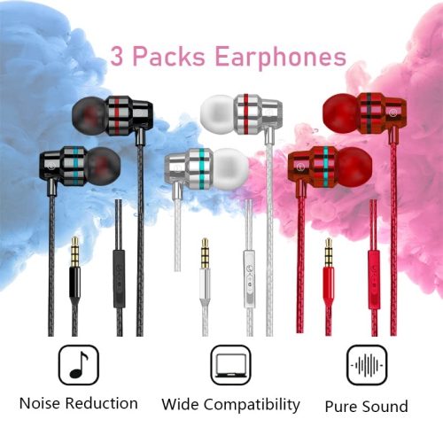 3 Pack Wired Earbuds, in-Ear Headphones with Microphone and Volume Control, Noise Isolating Lightweight Earphones, 3.5mm Jac