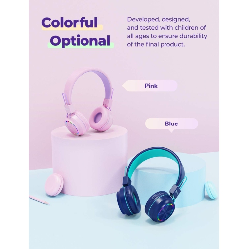 2 Pack iClever BTH03 Kids Wireless Headphones - Colorful Lights Headphones for Kids with MIC, Volume Control Online Schooli