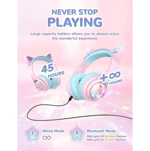 iClever Cat Ear Bluetooth Headphones RGB LED Light Up Over Ear with Microphone, 74/85/94dB Volume Limiting Comfort Foldable