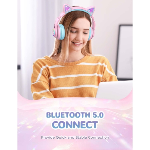 iClever Cat Ear Bluetooth Headphones RGB LED Light Up Over Ear with Microphone, 74/85/94dB Volume Limiting Comfort Foldable