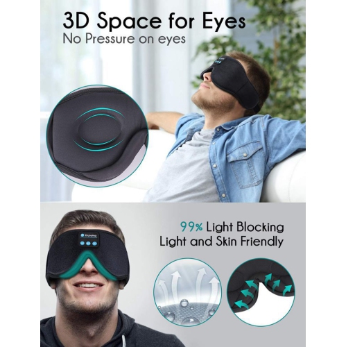MUSICOZY Sleep Headphones Bluetooth Serre-tête Sleeping Travel Écouteurs Eye Mask for Women Men unisexe, masque musical sans fil micro intégré,