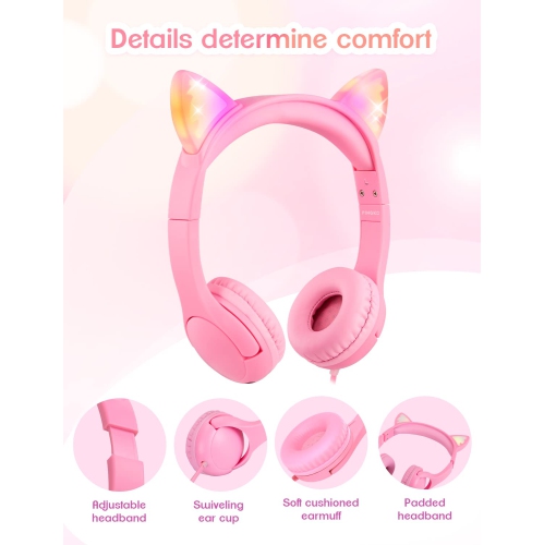 PINGKO Kids Headphones: Toddler Headphones with Microphone - Cat Ear Headphones for Girls Boys, LED Light 3.5mm Jack, 85db V
