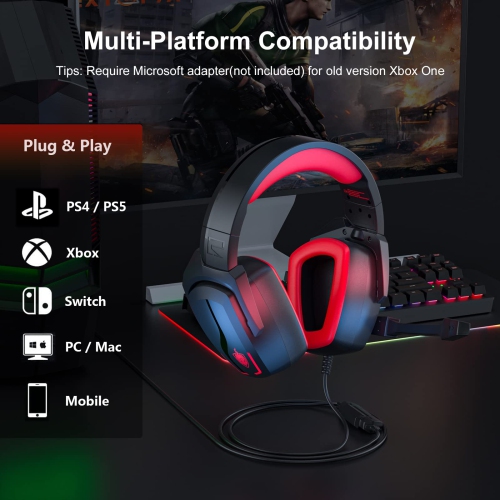Gaming Headset for PS5 PS4 Nintendo Switch PC Laptop, 7.1 Stereo Surround Sound, Noise Isolation Over Ear Gaming Headphone w