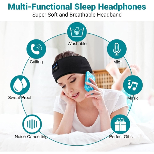 LC-dolida Sleep Headphones Bluetooth V5.0 Sports Headband Sleeping Headphones Wireless with Ultra-Thin HD Stereo Speakers,Bi