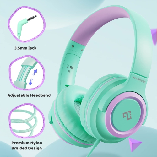 Kids Headphones with MIC INFURTURE CH1,Wired Headphones for Kids with 94dB Volume Limited for Boys Girls, Adjustable Headban