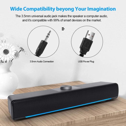 PC Computer Speaker, Wired Sound Bar, 2.0 Stereo USB Powered Soundbar Speaker. with Blue LED Light and 3.5 mm Aux Connection for PC, Desktop, Laptop,