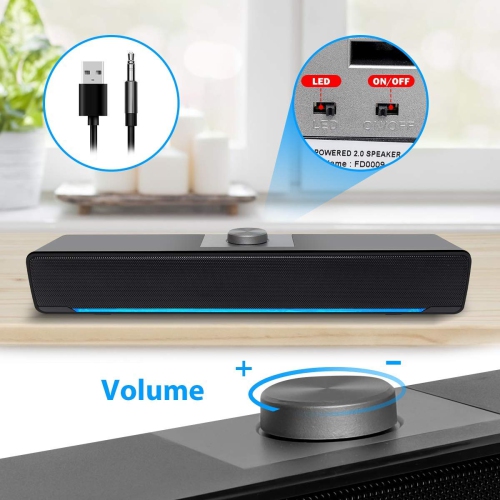 PC Computer Speaker, Wired Sound Bar, 2.0 Stereo USB Powered Soundbar Speaker. with Blue LED Light and 3.5 mm Aux Connection for PC, Desktop, Laptop,