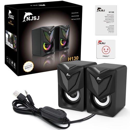 NJSJ Computer Speakers, 2.0 USB-Powered Speaker for Desktop, Portable Wired PC Speakers with LED Light Volume Control 3.5mm