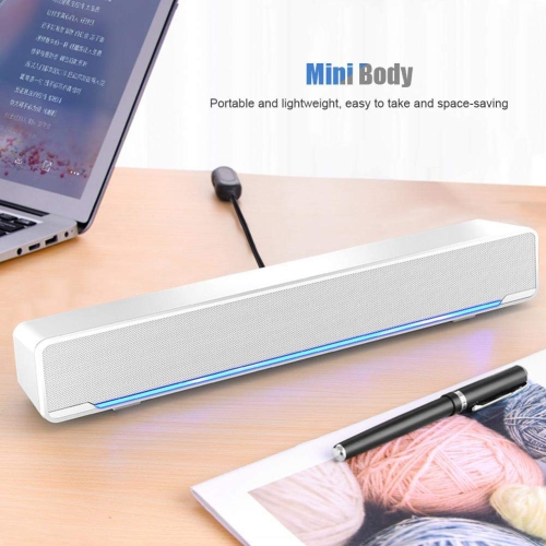 Barre de son pour PC, haut-parleur d’ordinateur USB avec fil avec prise auxiliaire 3,5 mm, haut-parleur d’extrêmes graves stéréo portatif pour