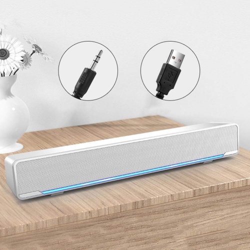 Barre de son pour PC, haut-parleur d’ordinateur USB avec fil avec prise auxiliaire 3,5 mm, haut-parleur d’extrêmes graves stéréo portatif pour