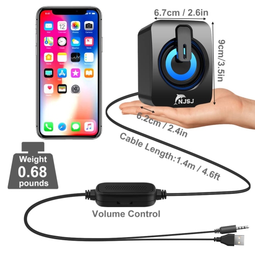 Computer Speakers, NJSJ A2 2.0 Mini Wired Desktop Speaker,USB Powered,3.5 mm AUX-in, Volume Control,LED Light Gaming Speaker