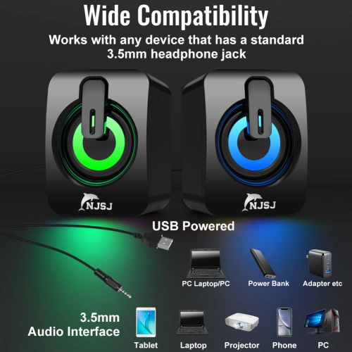 Computer Speakers, NJSJ A2 2.0 Mini Wired Desktop Speaker,USB Powered,3.5 mm AUX-in, Volume Control,LED Light Gaming Speaker