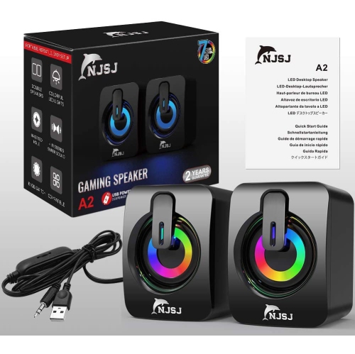 Computer Speakers, NJSJ A2 2.0 Mini Wired Desktop Speaker,USB Powered,3.5 mm AUX-in, Volume Control,LED Light Gaming Speaker
