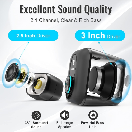 SPKPAL 2.1 Compact Computer Speaker with Subwoofer,11W USB-Powered Stereo Multimedia Subwoofer Speaker System with 3.5mm Aux
