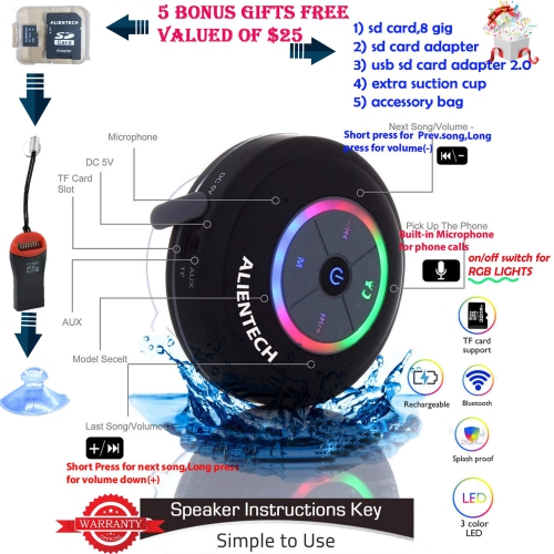 Waterproof Bluetooth Speaker With Color Changing RGB Light's With On/Off Switch, Waterproof/Water Resistent Wirless Shower S
