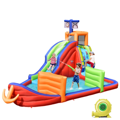 COSTWAY  6-In-1 Pirate Ship Waterslide Kid Inflatable Castle W/ Water Guns & 735W Blower