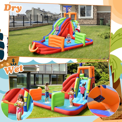 Costway 6-in-1 Pirate Ship Waterslide Kid Inflatable Castle w/ Water Guns & 735W Blower
