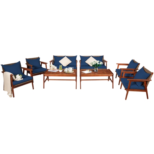 TOPBUY  Patiojoy 8PCs Patio Outdoor Rattan Furniture Set Acacia Wood Frame Conversation Set W/coffee Table Navy/red