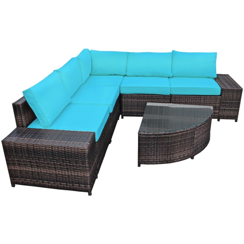 TOPBUY  6-Piece Outdoor Rattan Conversation Set Sectional Sofa Set With Arc-Shaped Table Turquoisewhite