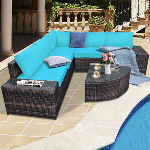 Topbuy 6-Piece Outdoor Rattan Conversation Set Sectional Sofa Set with Arc-Shaped Table TurquoiseWhite