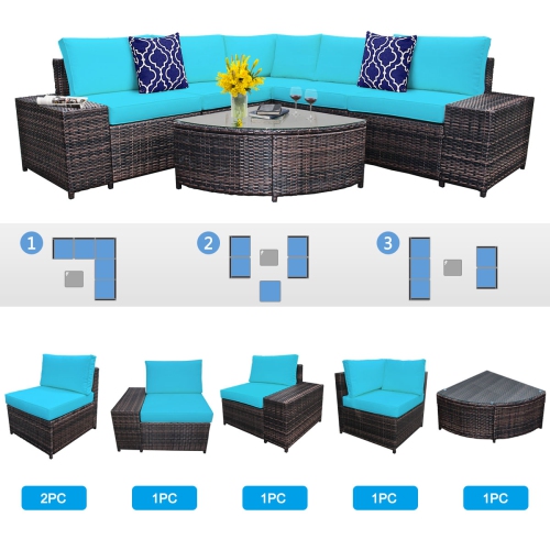 Topbuy 6-Piece Outdoor Rattan Conversation Set Sectional Sofa Set with Arc-Shaped Table TurquoiseWhite