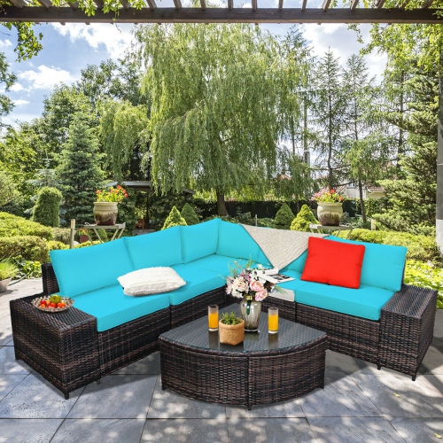 Topbuy 6-Piece Outdoor Rattan Conversation Set Sectional Sofa Set with Arc-Shaped Table TurquoiseWhite