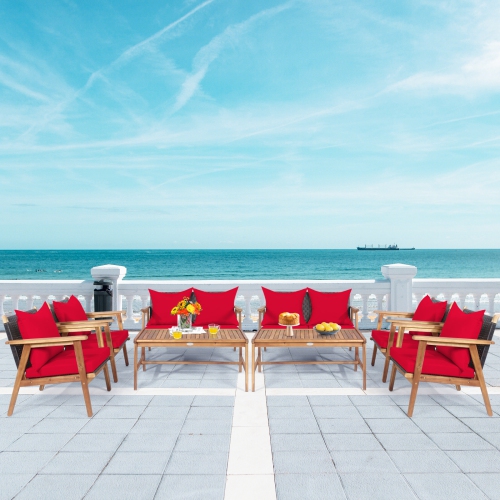 TOPBUY  Patiojoy 8PCs Patio Outdoor Rattan Furniture Set Acacia Wood Frame Conversation Set W/coffee Table Navy/red