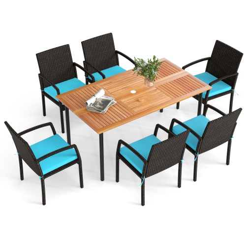 Topbuy 7- Piece Patio Dining Furniture Set Acacia Wood and Wicker Dining Table Armchairs Navy/Red/White/Turquoise