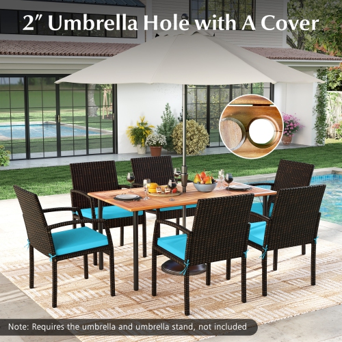 Topbuy 7- Piece Patio Dining Furniture Set Acacia Wood and Wicker Dining Table Armchairs Navy/Red/White/Turquoise