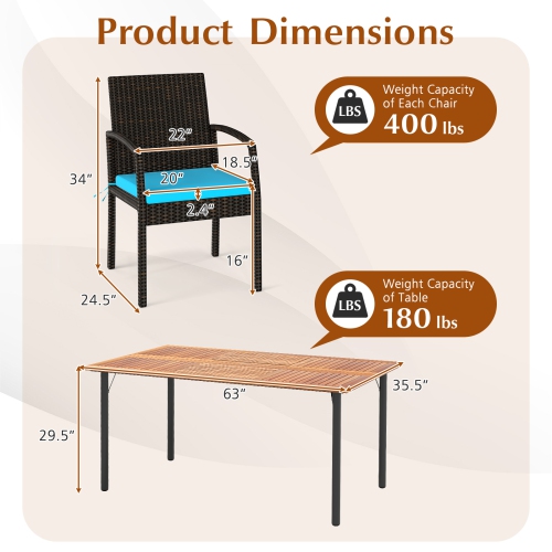 Topbuy 7- Piece Patio Dining Furniture Set Acacia Wood and Wicker Dining Table Armchairs Navy/Red/White/Turquoise