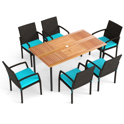 Topbuy 7- Piece Patio Dining Furniture Set Acacia Wood and Wicker Dining Table Armchairs Navy/Red/White/Turquoise