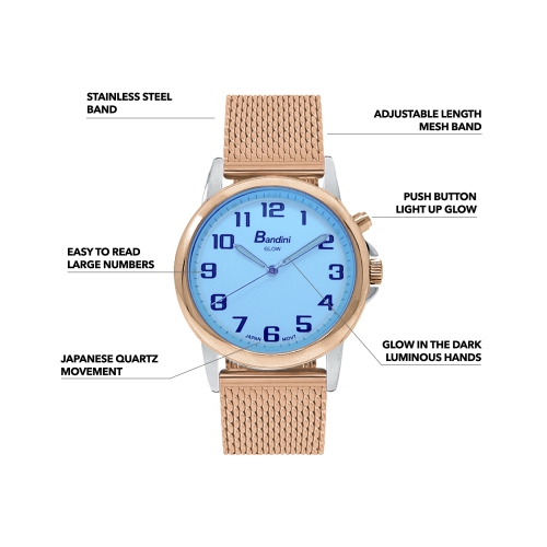 Montre analogique 28mm pour femmes, bracelet réglable de mailles en acier inoxydable ton or rose, cadran blanc lumineux faciles à lire, éclairage de