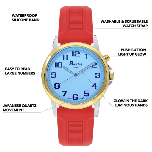 Mens Gold 38mm Analog Tone Glow Watch, Washable Silicone Band, Easy Read, Light Up, Quartz, White Dial, Big Numbers